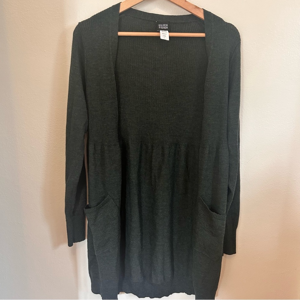Eileen Fisher Dark Green Wool‎ Cardigan Sweater Button Down Size Small